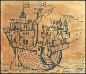 Das Burgenschiff, nach einem Modell von Martin Kiedorf, aus: MOSAIK Heft "Die schwimmende Burg"